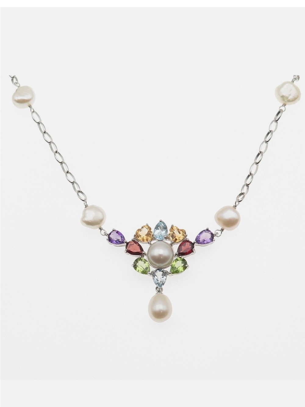 Ross Simmons Sterling Silver Real Pearl & Multi-Color Gem Chain Necklace